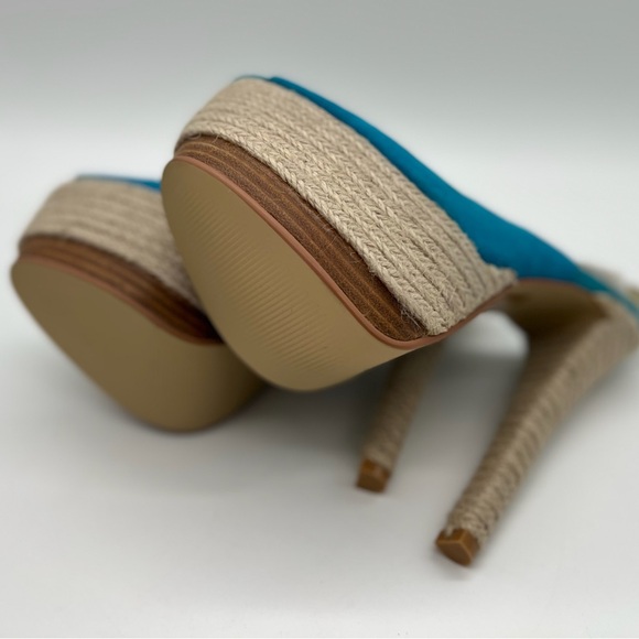 NYLA Perlia Blue Leather Peep-toe Wedges - size 9 - Picture 6 of 7